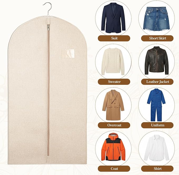 5 Pack Plastic Garment Bags for Hanging Clothes, 24 x 40 Inch Breathable Canvas Suit Bags Linen Hanging Suit Cover for Closet Storage Short Dresses Suits Gowns Travel Garment Cover