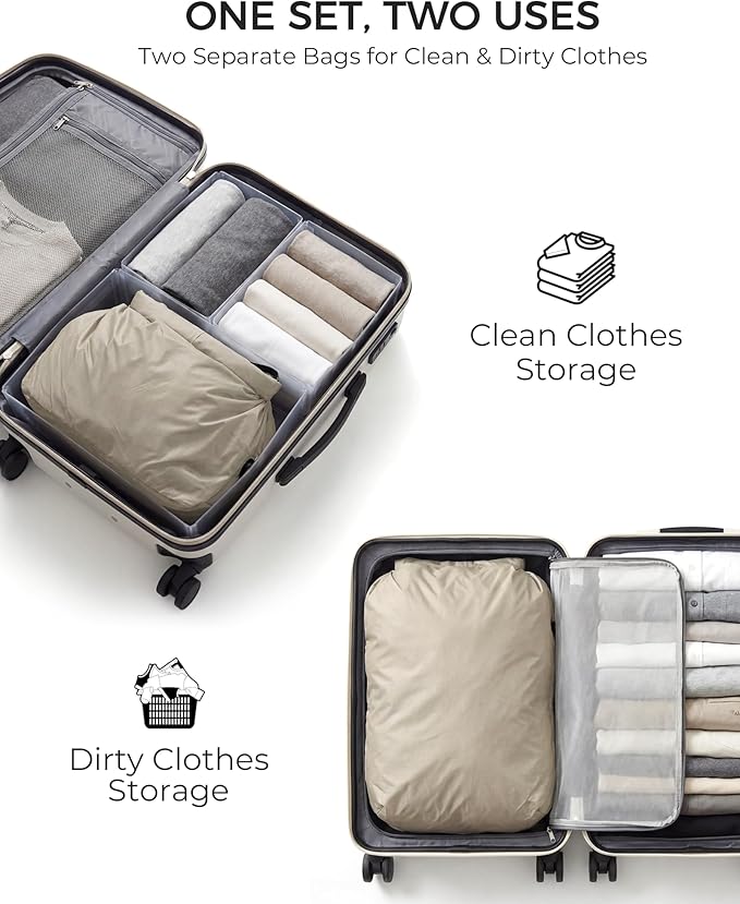 Travel Laundry Bag, Pump Free Vacuum Storage Bag Reusable Compression Dirty Clothes Travel Bag (2 Pcs)(Grey, Large+Large)