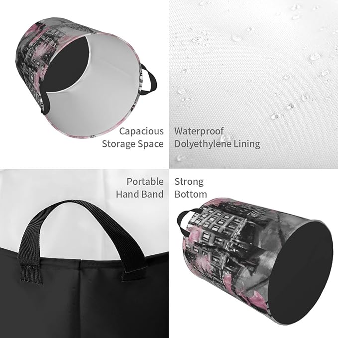 Dujiea Eiffel Tower Pink Lovers in Paris Laundry Basket Round with Handle, Collapsible Foldable Canvas Storage Bin Dirty Clothes Bag for Laundry/Toys Organizer/College Dorm/Nursery/Decor(2 Sizes)