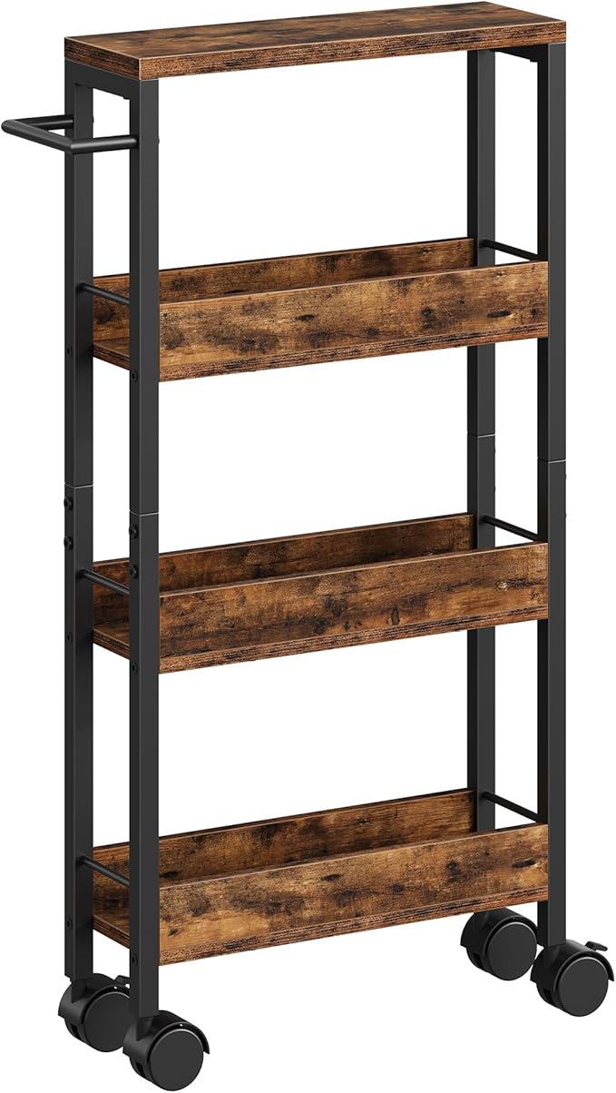 4-Tier Slim Storage Cart, 5.1'' Kitchen Serving Trolley, Slim Rolling Cart with Handle and Guard Rails, Slim Cabinet for Small Spaces, for Dining Room, Rustic Brown and Black TTC01BF