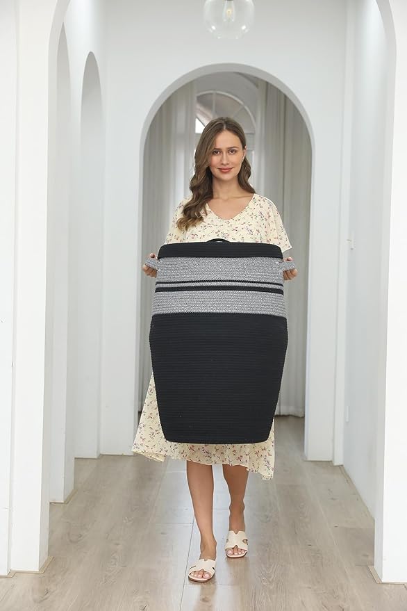 26" x 20" Handcrafted Tall Cotton Rope Basket with Lid, Stylish Flagon Shape with Cover, Clothes Hamper with Top, for Bedroom and Living Room, Grey Mix/Black
