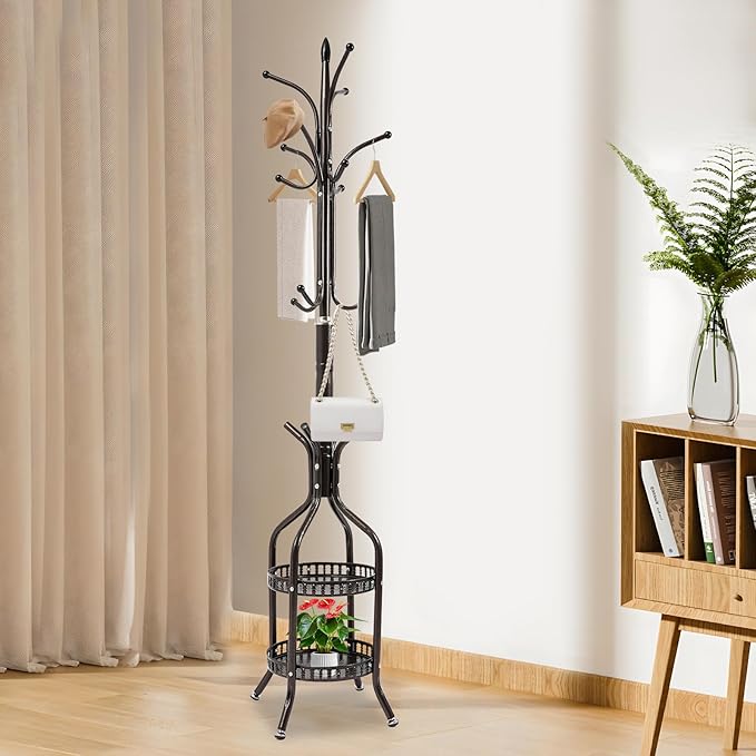 Metal Coat Rack Stand Freestanding Hat Hall Tree Clothes Rack Holder Modern Clothing Garment Hanger Stand with Double Layer Storage Basket and Hooks for Hanging Scarf Bag for Entryway Bedroom (Bronze)