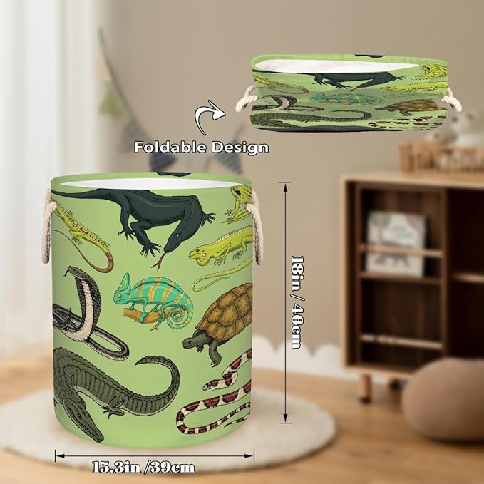 Laundry Hamper - Reptiles Snakes Lizards 58L Collapsible Waterproof Large Tall Nursery Storage Baskets Bin for Kids Toys, Clothes, Bathroom, Boys Bedroom Comic Hero Decor, Gift Basket