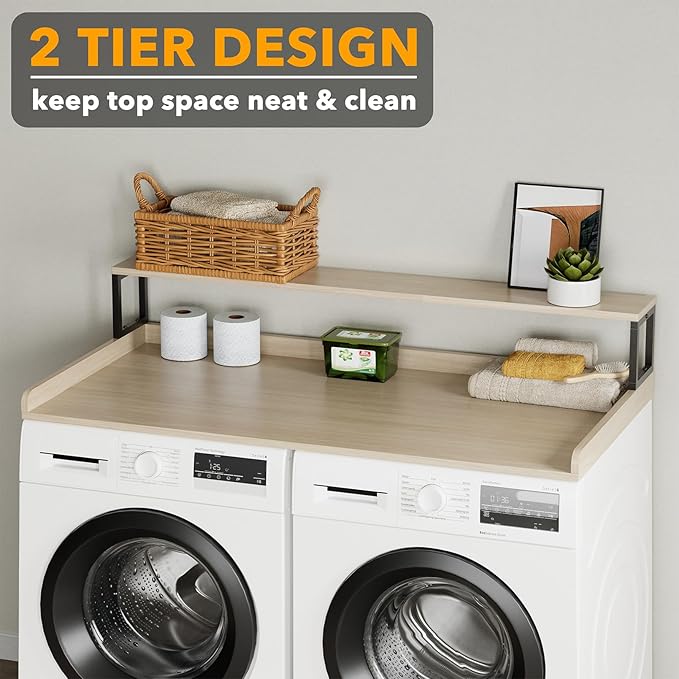 SpaceAid 2-Tier Washer Dryer Countertop, Laundry Topper with Rack Shelf 54" Width x 27.5" Depth x 10" Height Organizer Cover for Washer and Dryer Laundry Hamper Counter Storage (Oak)