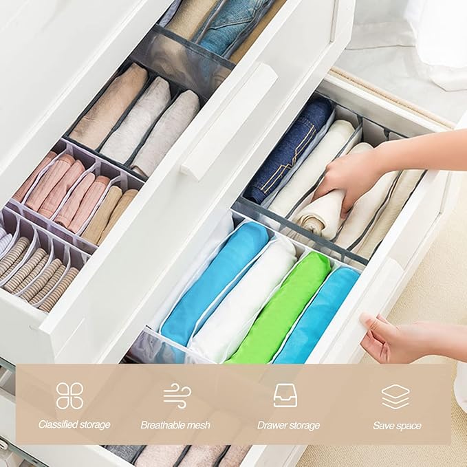 Wardrobe Clothes Organizer, 7 Grids Washable Portable Closet Organizer Mesh Separation Storage Box Foldable Closet Drawer Organizer for Underwear, Socks, Scarves, Jeans (Grey, 3 Jeans Grid)