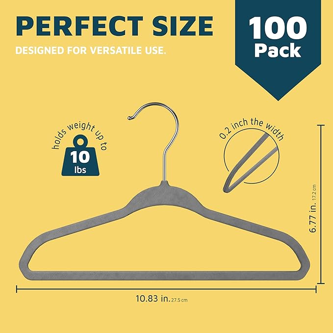 Gray Velvet Kids Hangers 100 Pack, 10.83" Non-Slip Baby & Toddler Hangers for Clothes, Space-Saving Slim ABS Plastic with 360° Swivel Hook & Notched Shoulders, Up to 10 lb Capacity