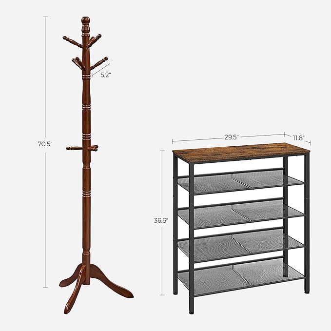 VASAGLE Shoe Rack Bundle with Coat Stand, 5-Tier Shoe Storage Shelves, Coat Tree with 10 Hooks for Hats, Bags, for Entryway, Hallway, Rustic Brown, Black and Dark Walnut ULBS038B01 and URCR03WN