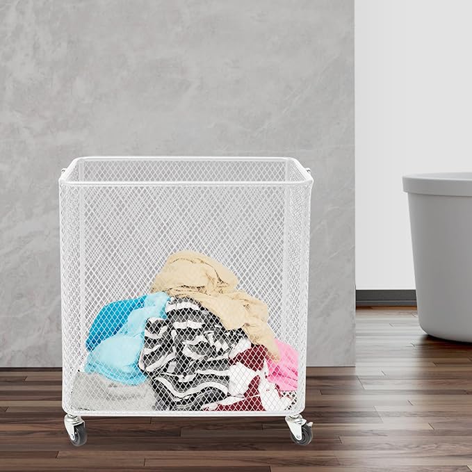 Laundry Basket on Wheels, Large Rolling Laundry Hampers, Stackable Storage Cart with Handles Removable Wire Organizer Baskets Clothing Sorting Rack (White, Rectangular)