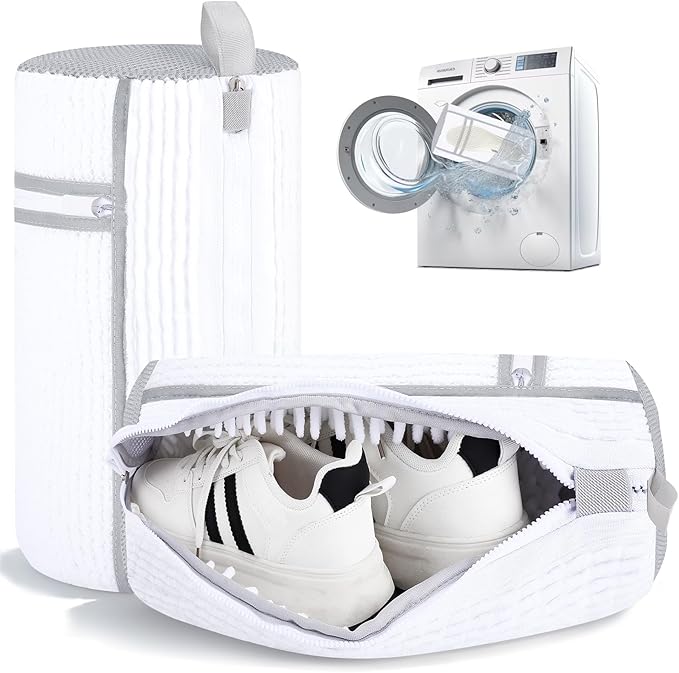 2 PCS Shoe Washing Machine Bag, Reusable L-shaped Zipper Laundry Shoe Bag for Washing Machine with Insoles Mesh Pocket for Washer and Dryer, Shoe Cleaning Bags for Sneaker Tennis Shoes