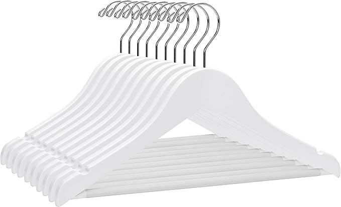 Quality Hangers 20 Pack Kids Hangers 14 Inches - Junior Preteen Youth Wooden Clothes Hanger with Curved Shoulder Swivel Chrome Hook Coated Pant Bar & Nonslip Notches (White, 20)