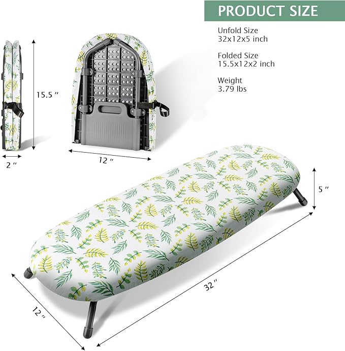 SheeChung Small Ironing Board 12"x32",Table Top Mini Ironing Boards with Heat Resistant Cover and Pad,Foldable Tabletop Ironing Board with Non-Slip Feet for Dorms Travel Use,Leaf