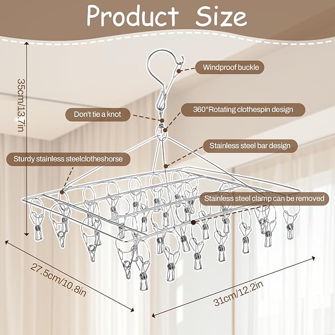 6 PCS Stainless Steel Hanging Drying Rack with 30 Hooks Clips, Swivel Hook Wind-Proof Clothes Sock Drying Hangers Laundry Accessories for Socks Bras Underwear Towel Hat Scarf Pants Gloves