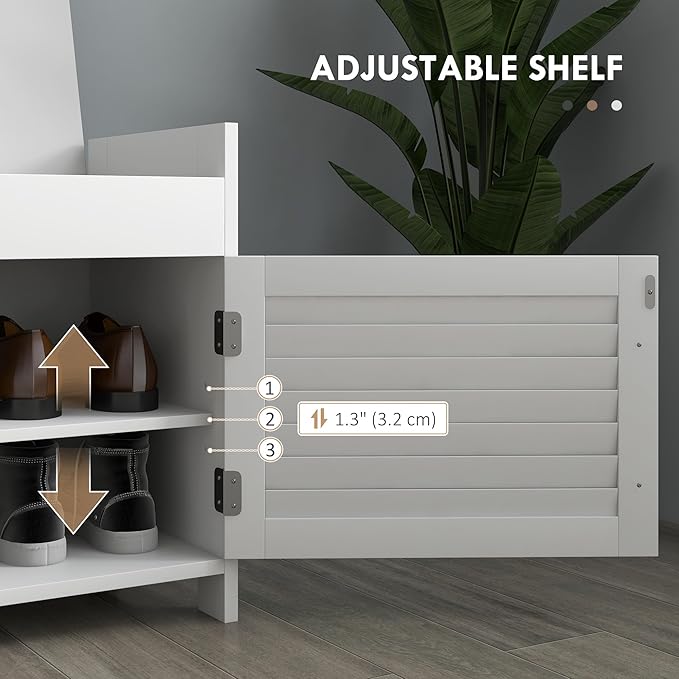 HOMCOM Entryway Bench with Shoe Storage, Cushion, Hidden Compartments, Adjustable Shelves and Shutter Doors, 35.4" Organizer for Entryway, Hallway, Holds Up to 352 lbs., White