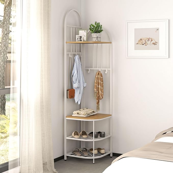 Tangkula Corner Hall Tree, 71 Inch Tall Entryway Coat Rack with Shoe Bench & 4 Storage Shelves, 6 Movable Hooks, Freestanding Metal Corner Clothes Rack for Bedroom Hallway Living Room