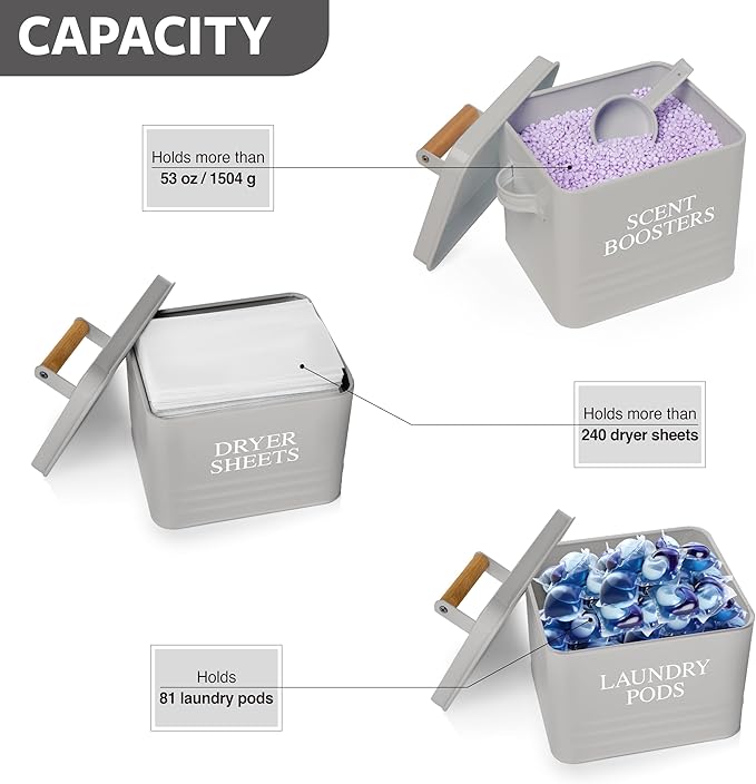 Calindiana Modern Farmhouse Laundry Scent Boosters Container, Dryer Sheets Holder and Laundry Pods Holder Bundle for Laundry Room Organization and Storage, Laundry Room Decor