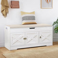 Farmhouse Shoe Storage Bench, Entryway Bench with Cushion Seat, Lift Top Storage, Adjustable Shelf, 3 Doors, 330 lbs Capacity, Storage Bench for Entryway, Bedroom, Living Room (White)