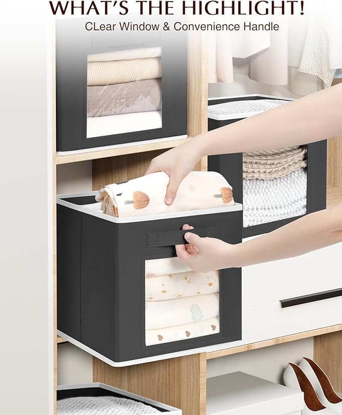 Foldable Storage Cubes - Square Organizer with Window, Decorative Baskets for Organizing, Fabric shelf Basket for Clothes, 11 Inch Closet Storage Cubes, Set of 16, Black