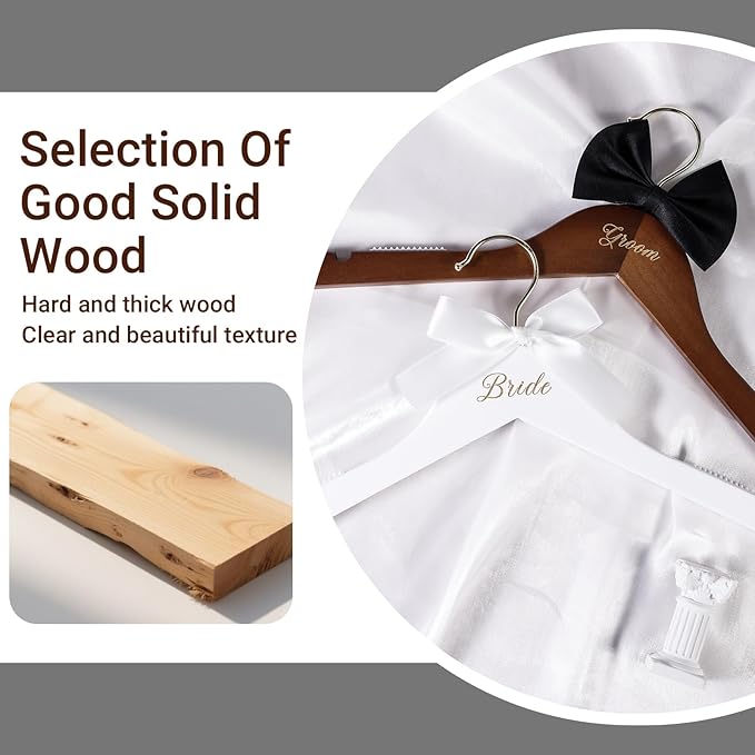 2 Pack Wedding Hangers, Bridal Hanger, Bride Hanger, Wooden Bride and Groom Wedding Dress Hangers with Attached Bow Tie, Bridal Shower Gifts, Bridal Tuxedo Suit Wedding Gift for Couples