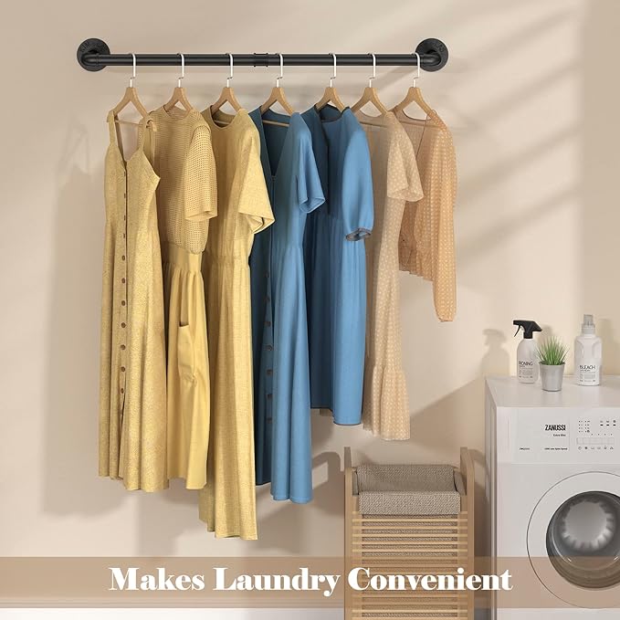 Elibbren 4 Pack Clothing Rack Wall Mount, Industrial Pipe Clothing Rack 38.4IN, Hanging Clothes Rack,Heavy Duty Iron Garment Rack Bar for Closet,Laundry Room, Multi Purpose Hanging Rod,Black