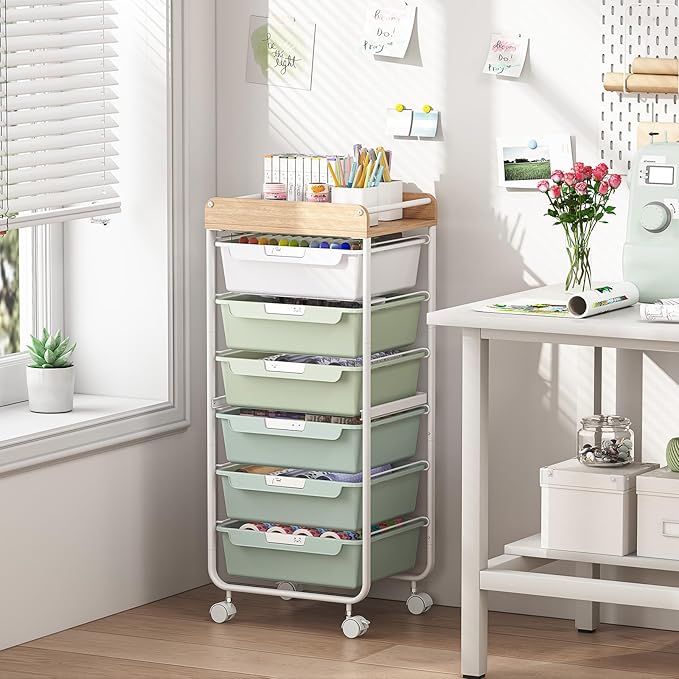 APEXCHASER 6-Drawer Plastic Organizers on Wheels,Rolling Storage Cart with Wooden Top, Mobile Drawer Unit for Classroom, Crafts, Art Supplies, and Home Organization,Green