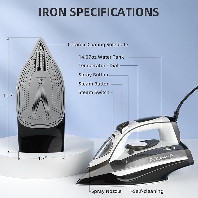 1700W Steam Iron for Clothes 20s Fast Heat-up, Non-Stick Ceramic Soleplate, 14.07oz Large Water Tank, Auto-Off, Burst Steam, Self-Cleaning, roning Clothes for Home