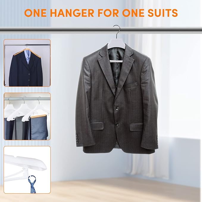 DEDU Suit Hangers for Men 20 Pack Width 17.3", White Coat Hangers no Shoulder Bump Non Slip for Thick Sweaters, Plastic Extra Wide Shoulder with Pants Bar & Metal Hook