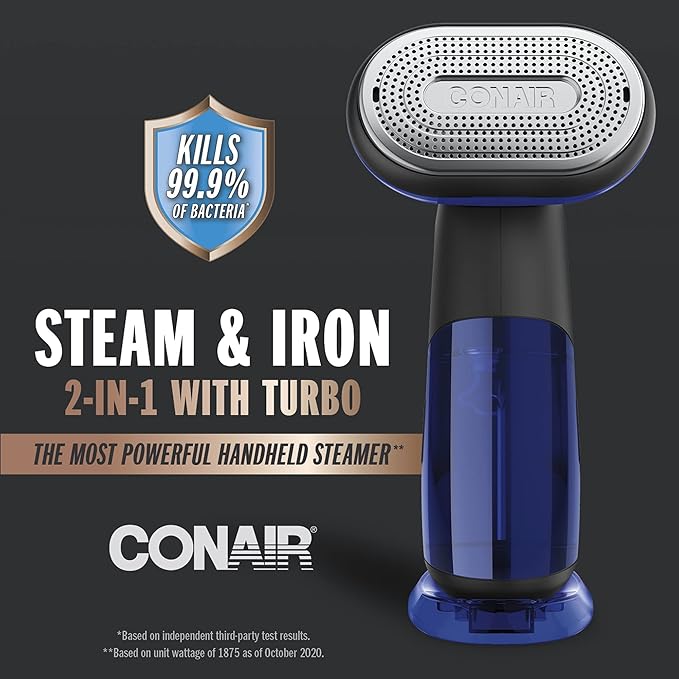 Conair 2-in-1 Handheld Steamer and Iron for Clothes,Turbo ExtremeSteam 1875W Garment Steamer and Clothing Iron,Black/Blue,(Pack of 2)
