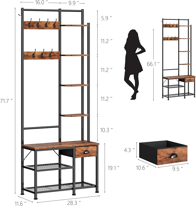 Furologee Coat Rack, Hall Tree with Bench and Shoe Rack, 4 in 1 Entryway Bench, Entryway Shoe Storage with 4 Shelves, 8 Hooks, 1 Fabric Drawer, Rustic Brown