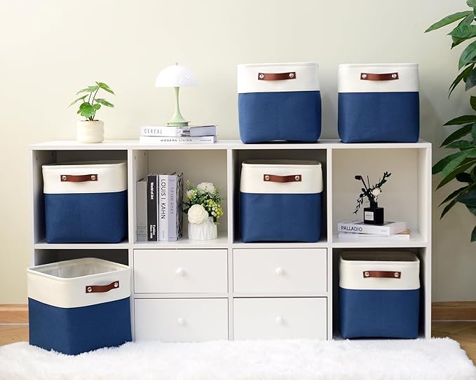 Cube Storage Baskets 6 Pack, 11x11 inch Cube Storage Bins with Leather Handles for Shelf Closet (White/ Blue)
