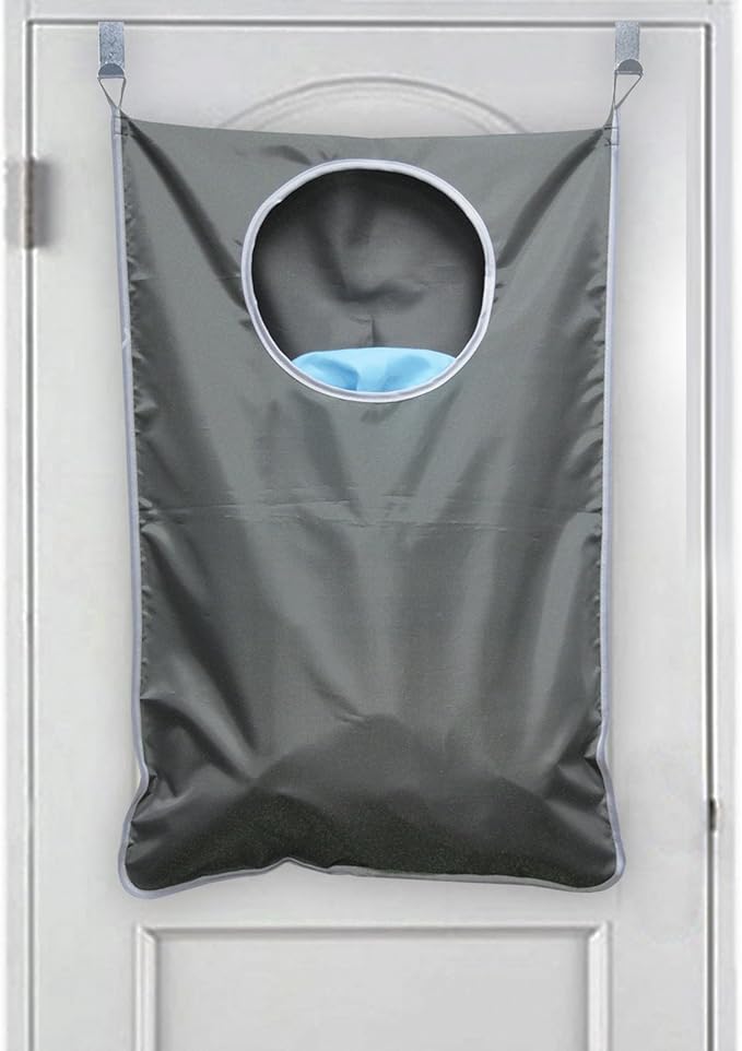 Oxford Fabric Space Saving Door-Hanging Laundry Hamper Bag + 2 Stainless Steel Hooks + 2 Strong Suction Cups for Bedroom, Nursery, Dorm or Closet (Grey)