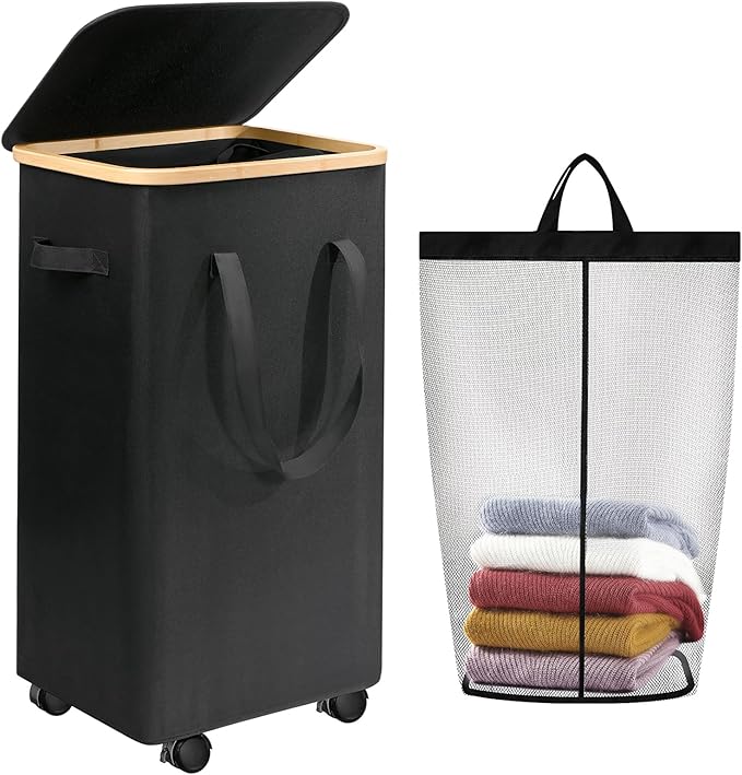 Large Laundry Hamper, 100L Laundry Basket with Handle and Removable Bag - Collapsible Clothes Basket Organizer for Laundry Room, Bedroom, Bathroom & Dorm - Black
