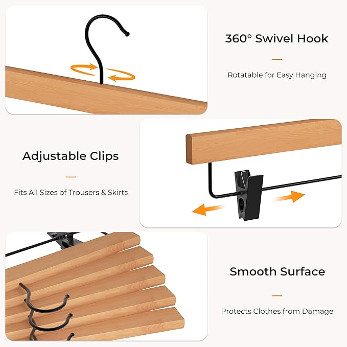 StorageWorks Pants Hangers with Clips, Wooden Clothes Hanger for Skirts, Jeans, Shorts, 10 Pack Black Pant Hangers
