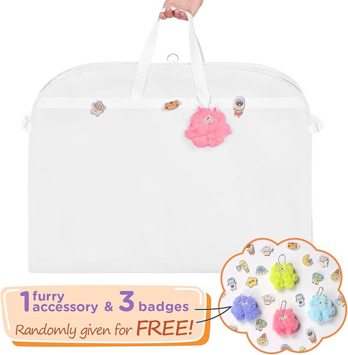 Univivi White Garment Bags for Dance Costumes 40 Inch Dance Costume Garment Bag for Girls, 3 Medium Clear Zipper Pockets and 2 Back Zippered Pocket, with 1 xPendant, 3 x Badge