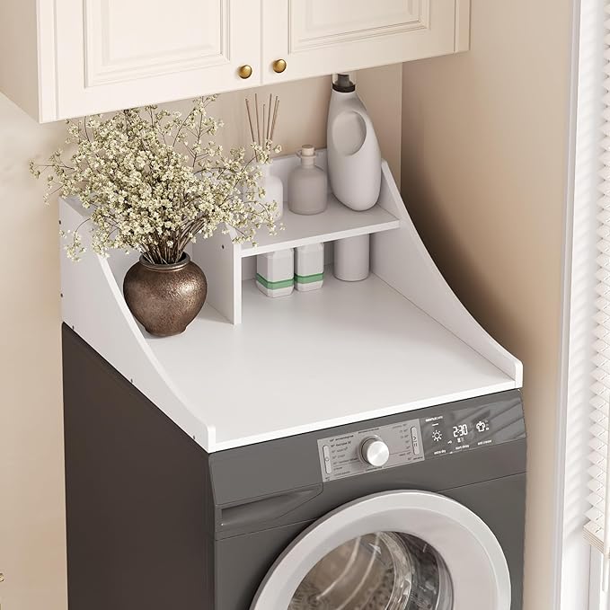 Washer Dryer Countertop Single, 27'' Wood Dryer Top Organizer 2-Tier Laundry Room Storage Shelf for Top of Washer and Dryer, White