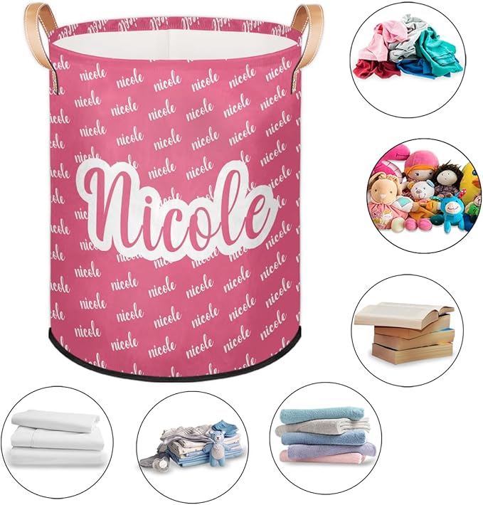 Custom Name Pink Laundry-Hamper, Personalized Kids-Clothes-Hamper Foldable with Name, Customized Storage Basket with Handles Waterproof Gift for Boys Girls Baby Women
