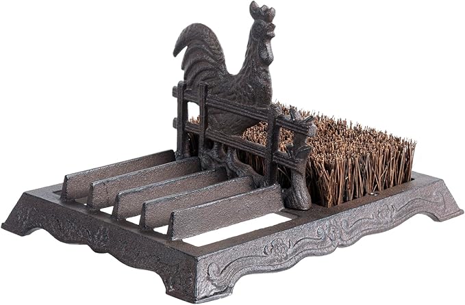 FARM IN Farmhouse Shoe Brush Scraper Outdoor Rustic Heavy Duty Cast Iron Boot Scraper with Brush for Home Porch Garden with Barn Rooster Design