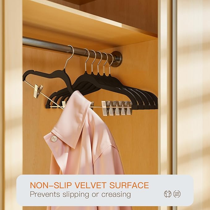 Flottian 36 Pack Black Velvet Pants Hanger,Velvet Hangers with Clips Adjustable,Space-Saving Slim Flocked Hanger,Heavy Duty Non Slip Hangers for Skirts,Coats,Pants,Dress