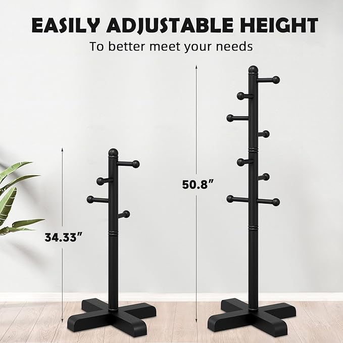 Coat Rack, Freestanding Coat Racks with 8 Hooks 2 Adjustable Height, Tree Coat Rack for Bedroom, Hallway, Entrance, Office, Hats, Handbags,Purse (BLACK)