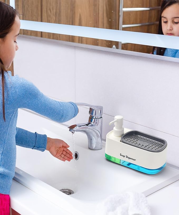 Hand and Dish Soap Dispenser Set for Kitchen, Dual Soap Dispenser with Sponge Holder, 3-in-1 Countertop Soap Pump Dispenser for Kitchen Sink, Useful Kitchen Gadgets - White