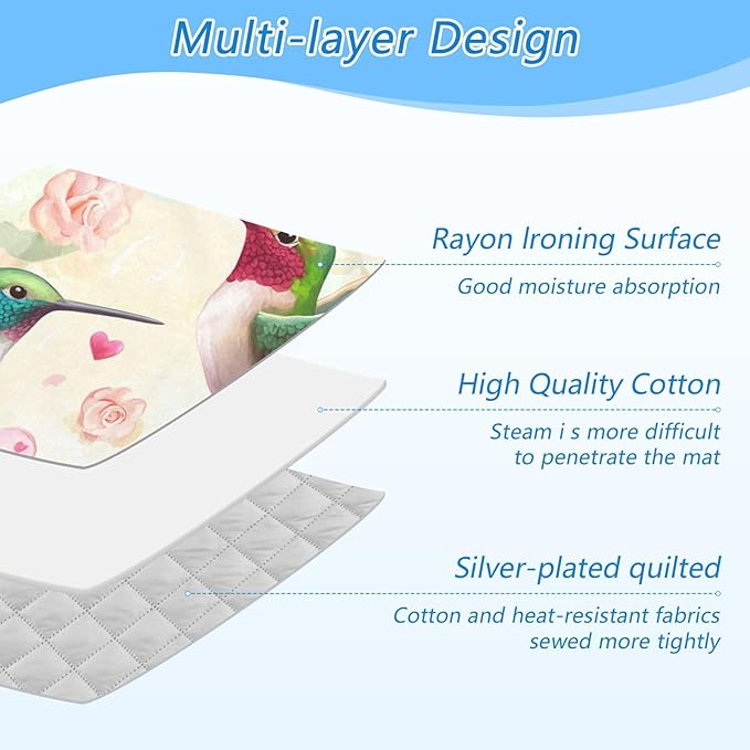 Ironing Mat &Pad Magnetic Heat Resistant Pads Portable Travel Ironing Blanket Ironing Board Covers 27.6x47.2Inches Hummingbirds Roses and Hearts01