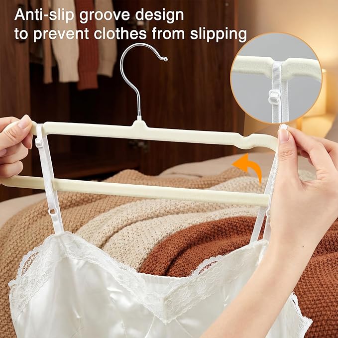 60sets/120pcs Velvet Pants Hangers Non Slip White Felt Hangers with 60 Cascading Hooks, Space Saving 360 Degree Swivel Hook Closet Organizer for Jeans, Trousers, Leggings, Tank Top, Shorts and Skirts