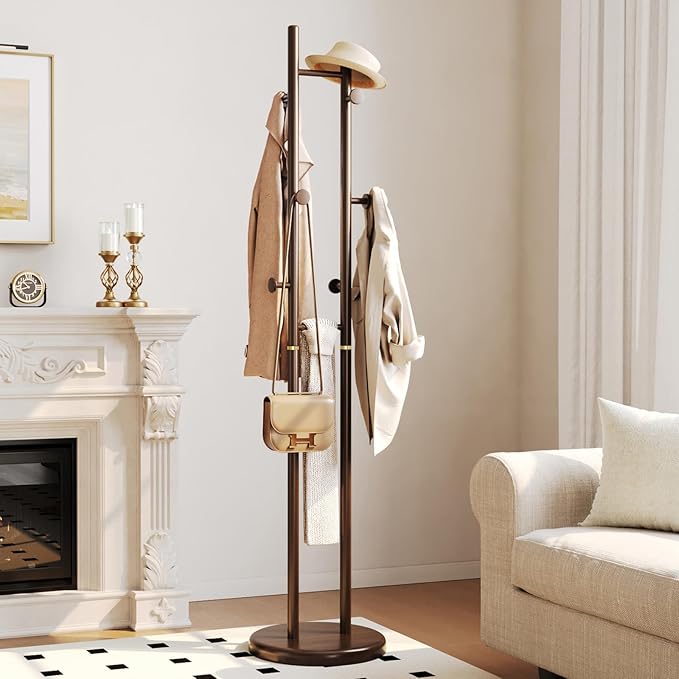 CozyDH Coat Rack Wooden Freestanding - Wood Coat Rack Freestanding Heavy Duty, Wooden Coat Stand with 6 Hooks Creative Look for Entryway, Hallway, Bedroom (Dark Walnut)