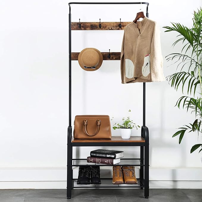 Sunnyglade Vintage Coat Rack Shoe Bench, Hall Tree Entryway Storage Shelf, Wood Look Accent Furniture Metal Frame, 3 in 1 Design, Easy Assembly