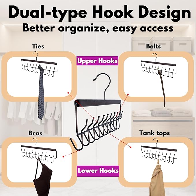 Bra Hanger 2 Pack with Premium Wood, 40 Hooks Large Capacity Closet Organizer for Belt Bra Tie Scarf and Tank Top, Space Saving Rack 360° Rotatable with Sturdy Metal Hooks