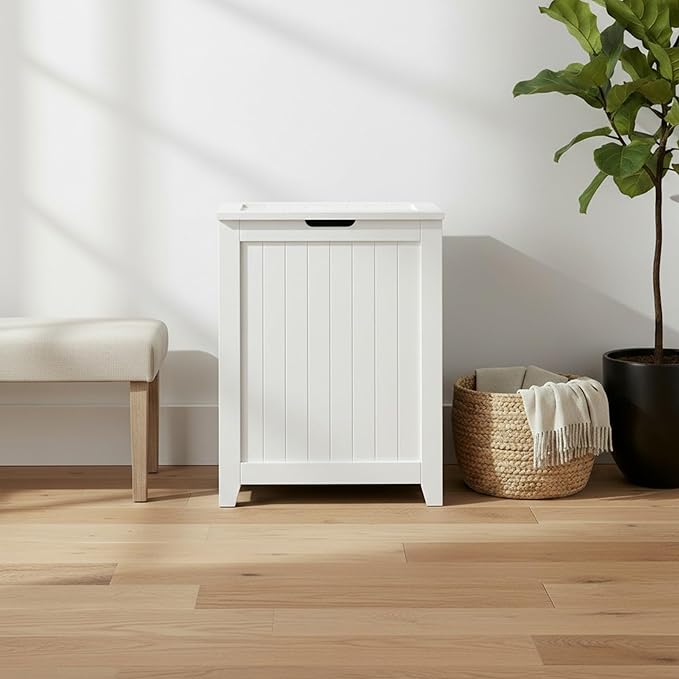 Redmon 18'' x 11.25'' x 23.25'' Contemporary Country Wainscot Style Wooden Clothes Hamper for Bedroom, Bathroom, and Laundry Room, White