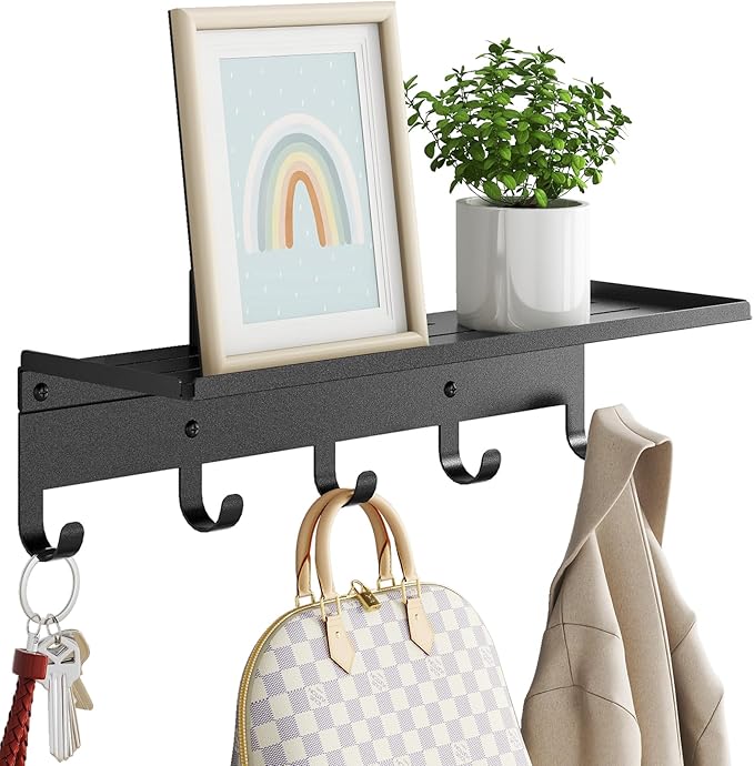 Wall Shelf with Hooks, Metal Coat Rack Wall Mounted with 5 Hooks, 17 Inch Clothes Hooks Entryway Coat Hangers Storage Clothes, Bags, Purse, Keys for Living Room, Bedroom, Black