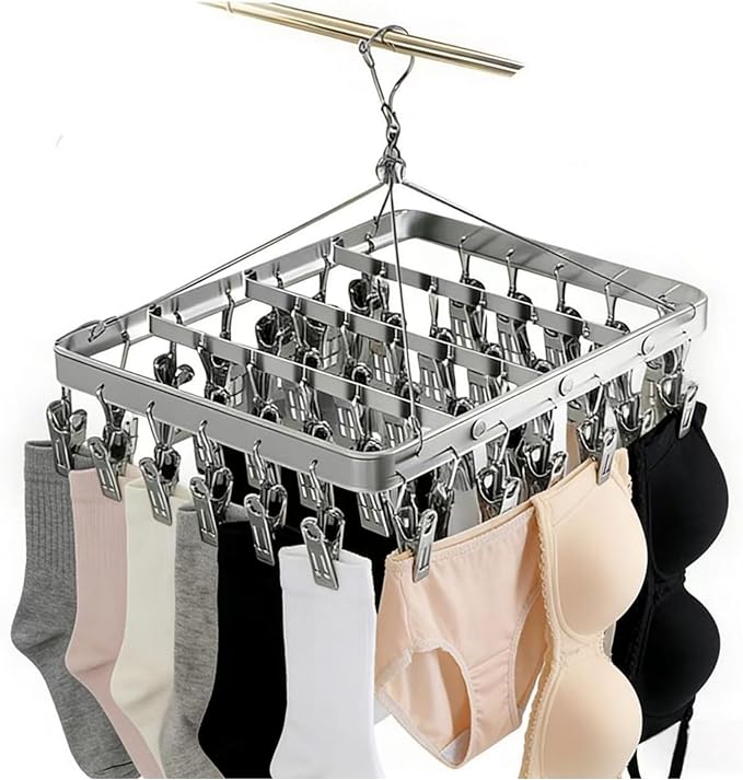 Clothes Drying Racks Clip Hangers Metal with 36 Clips Windproof Hook Underwear Hanger Foldable Laundry Clip for Socks Bras (Silver)
