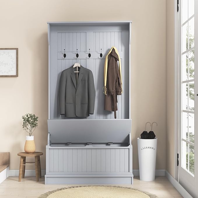 HOMCOM Hall Tree with Bench and Shoe Storage, 3-In-1 Entryway Bench with Coat Rack, 5 Hooks and Flip Top Storage Compartment, Gray