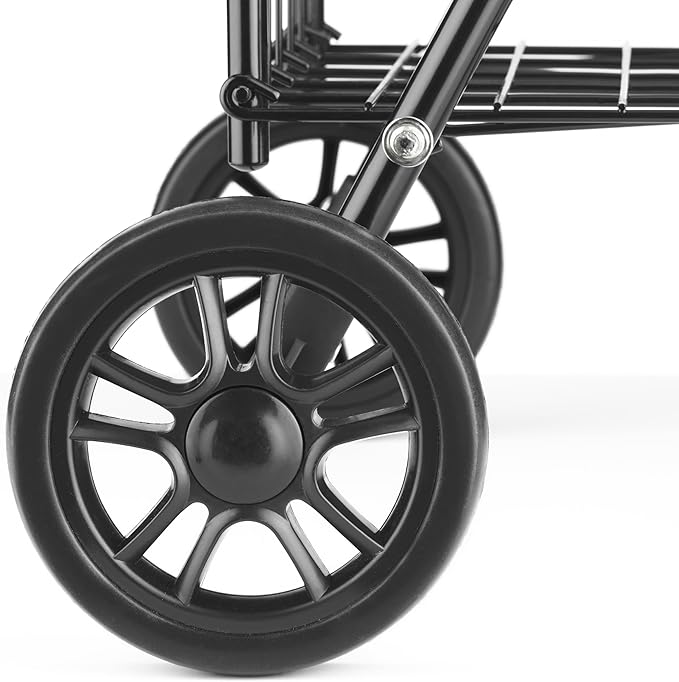 Whitmor Foldable Utility Shopping Cart with Wheels, Heavy Duty Metal Grocery Cart, Portable Foam Handle, Rolling Collapsible Trolley for Groceries, Laundry, Storage, Black