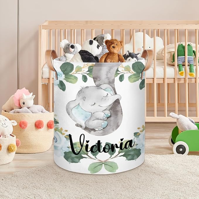 Personalized Laundry Basket, Custom Gift Laundry Hamper, Collapsible Nursery Waterproof Laundry Baskets, Dirty Clothes Toy Hamper with Handles Blue Floral Elephant